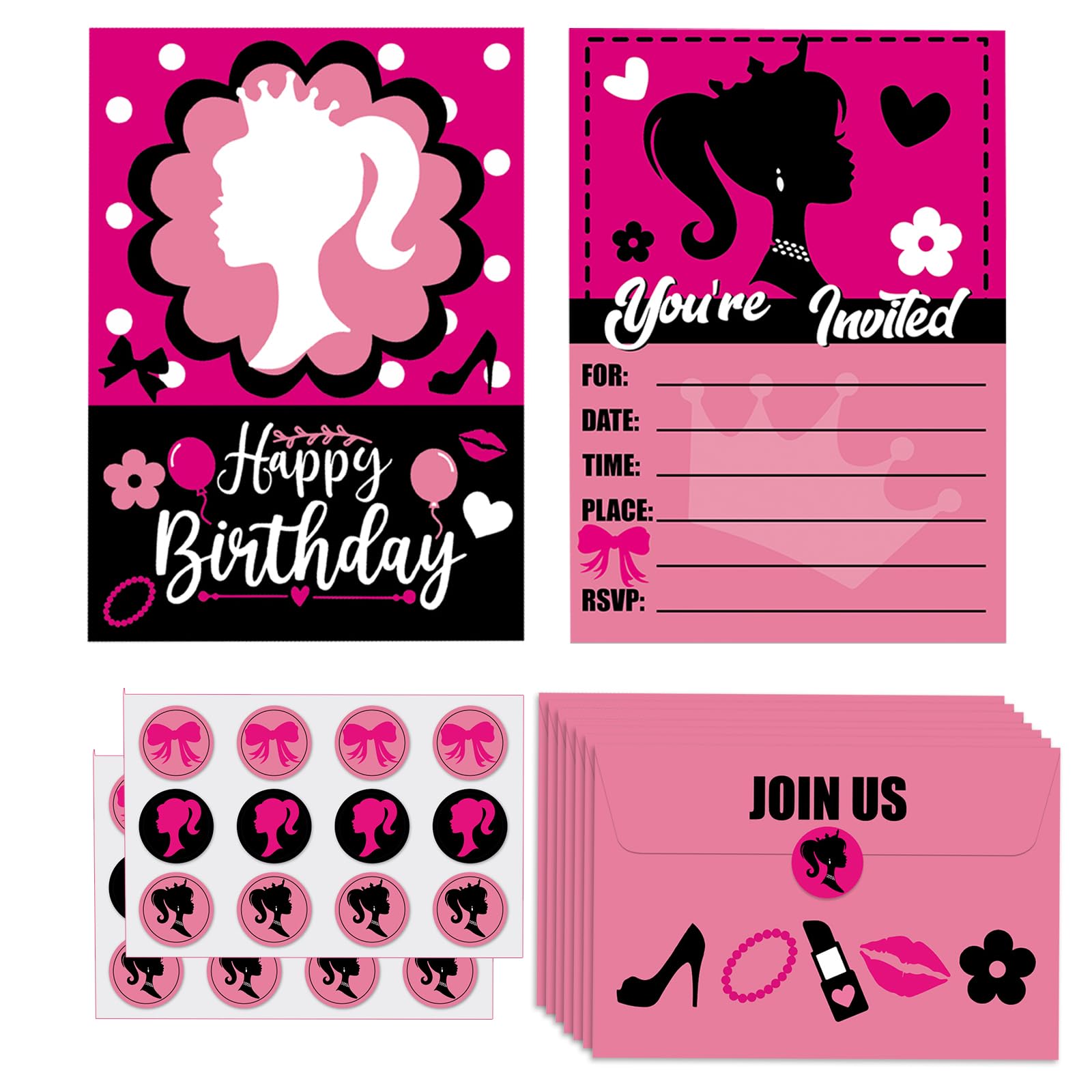 IHCEMIH 24 Pack Party Invitations Kids, Birthday Invites Card Girls Pink Princess Party Invite Childrens Paper Invitation Cards with 24 Matching Envelopes Stickers for Children Girls UK
