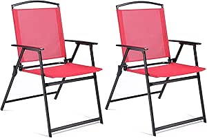 Bylring Patio Folding Sling Dining Chairs Set of 2 Outdoor Indoor Backrest Portable Household Seats for Outside Lawn Garden Patio Pool Yard with Armrest(Red)