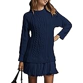 ZOCPEONY Womens Sweater Dress Twofer Cable Knit Long Sleeve Crew Neck Knitted Pullover Patchwork Pleated Mini Dress