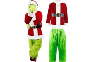QwayHome Christmas Green Costume for Adult, 7Pcs Deluxe Green Santa Cosplay Furry Suit with Mask for Men Women