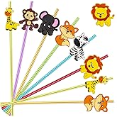 24pcs Reusable Forest Animals Crazy Straws, Drink Cocktail Straws for Lion Fox Zebra Giraffe Safari Birthday Party Supplies Favors, Woodland Party Favors with 2 Cleaning Brushes 6 Colors