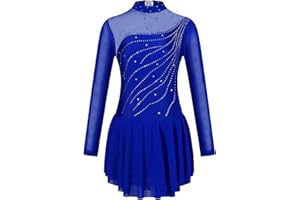 Agoky Kid Girls Shiny Figure Ice Skating Dress Long Sleeve Gymnastic Leotard Dress Roller Skater Ballet Dance Dress Dancewear