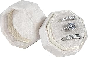SLOZO Velvet Ring Box,3 Slots Octagon Jewelry Ring Gift Box Vintage Ring Display Holder Case for Wedding Ceremony Proposal Engagement (Beige)
