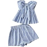 SOLY HUX Women's 2 Piece Outfits Striped Tie Knot Front Peplum Ruffle Tube Tops and Shorts Summer Vacation Set