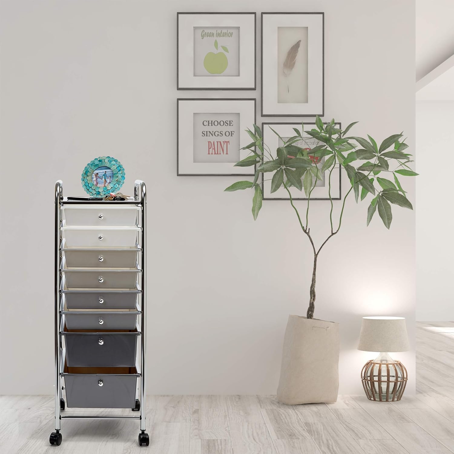 Seville Classics 8-Drawer Multipurpose Mobile Rolling Utility Storage Bin Organizer Cart, White/Gray/Black Gradient: Furniture & Decor