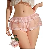 OYOANGLE Women's Lace Sheer Bow Ruffle Panties Mid Rise Coquette Briefs Underwear
