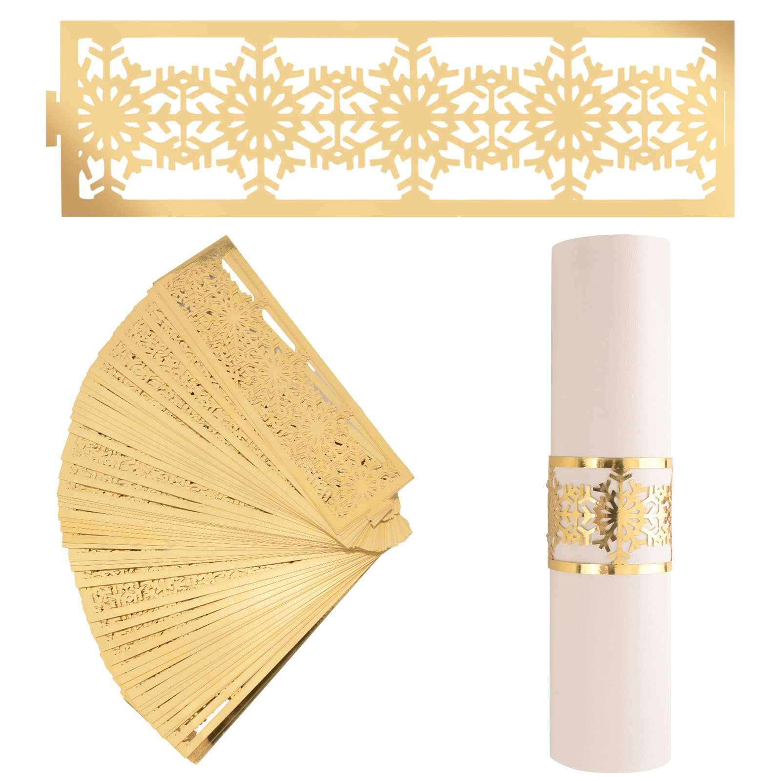 URROMA Napkin Rings, 50Pcs Christmas Reflective Gold Snowflake Hollow Napkin Clasp for Table Decor Valentine Day Thanksgiving Anniversary Dinner