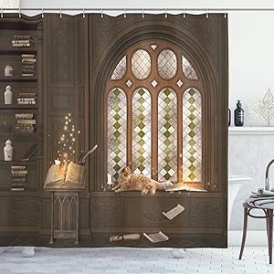 Ambesonne Gothic Shower Curtain, Room for Study in The Medieval Library with Cat Sleeping on The Window Antique Mansion, Cloth Fabric Bathroom Decor Set with Hooks, 75" Long, Taupe