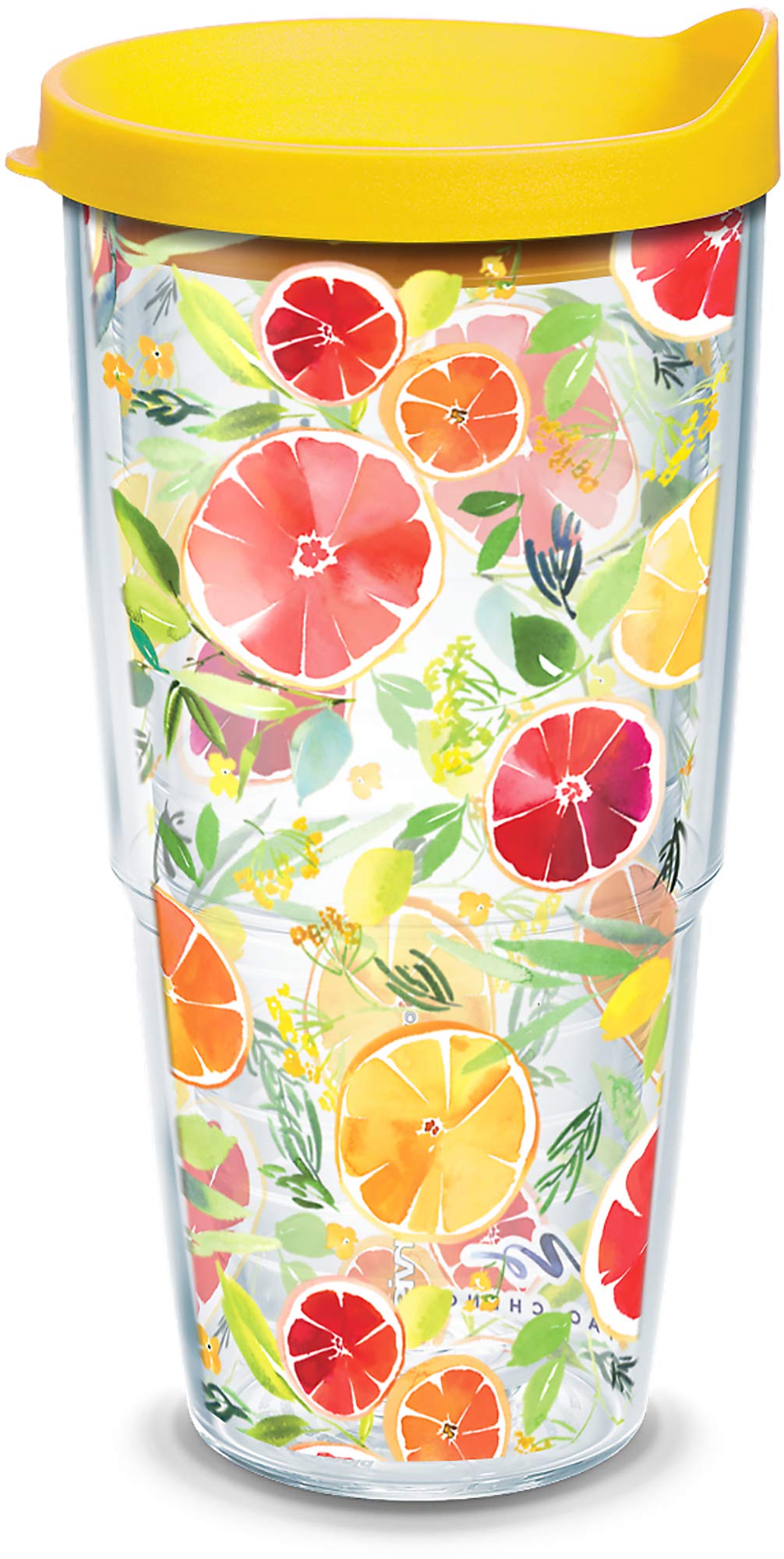 Tervis Yao Cheng - Citrus Insulated Tumbler with Wrap and Yellow Lid, 24oz, Clear