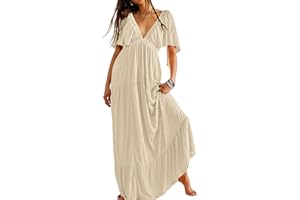 Kikibell Women Summer Dresses Sexy V-Neck Maxi Dress Tiered Silhouette with Flutter Sleeve Backless Elastic Waist Flowy Dress