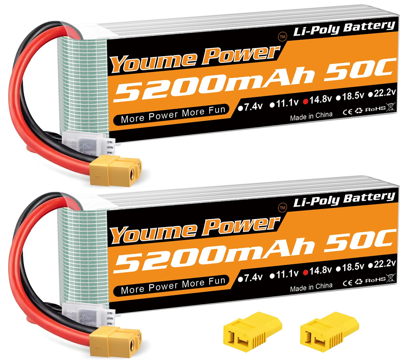 Youme 4s lipo Battery 5200mAh, 14.8v Lipo Battery 50C XT60 and Deans T Connector for RC Car, RC Truck, RC Truggy, RC Airplane UAV Drone FPV (2Packs)