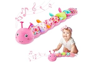 AWOTOY Baby Toys 0-6-12 Months,Infant Musical Stuffed Animals Activity Toys with Muti-Sensory Crinkle,Rattles,Baby Girl Toys Gifts for Newborn Tummy Time,Caterpillar,Pink