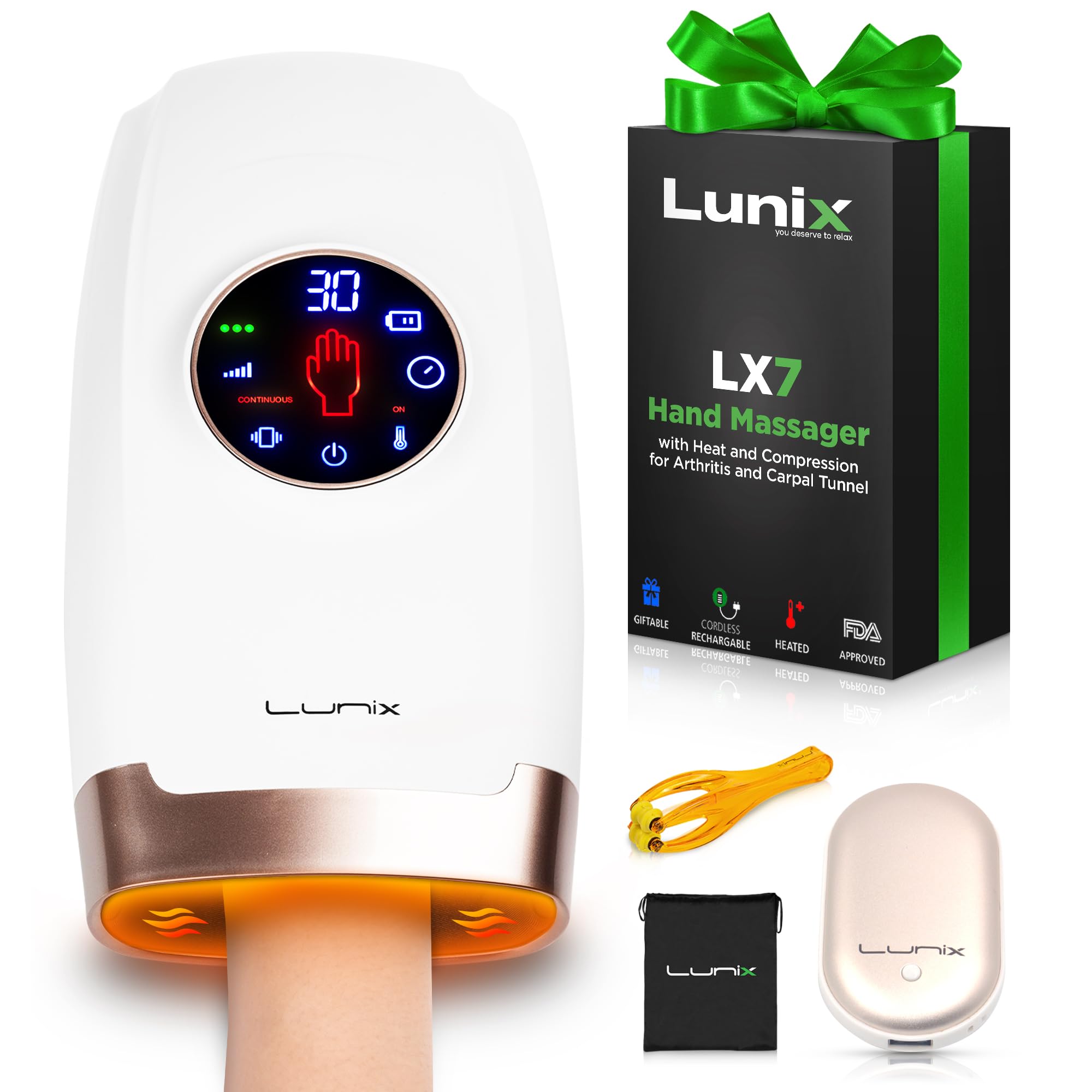 Photo 1 of Lunix LX7 FSA Hand Massager with Heat and Compression, Pressure Point Therapy for Arthritis, Pain Relief and Carpal Tunnel, with Hand Warmer, White