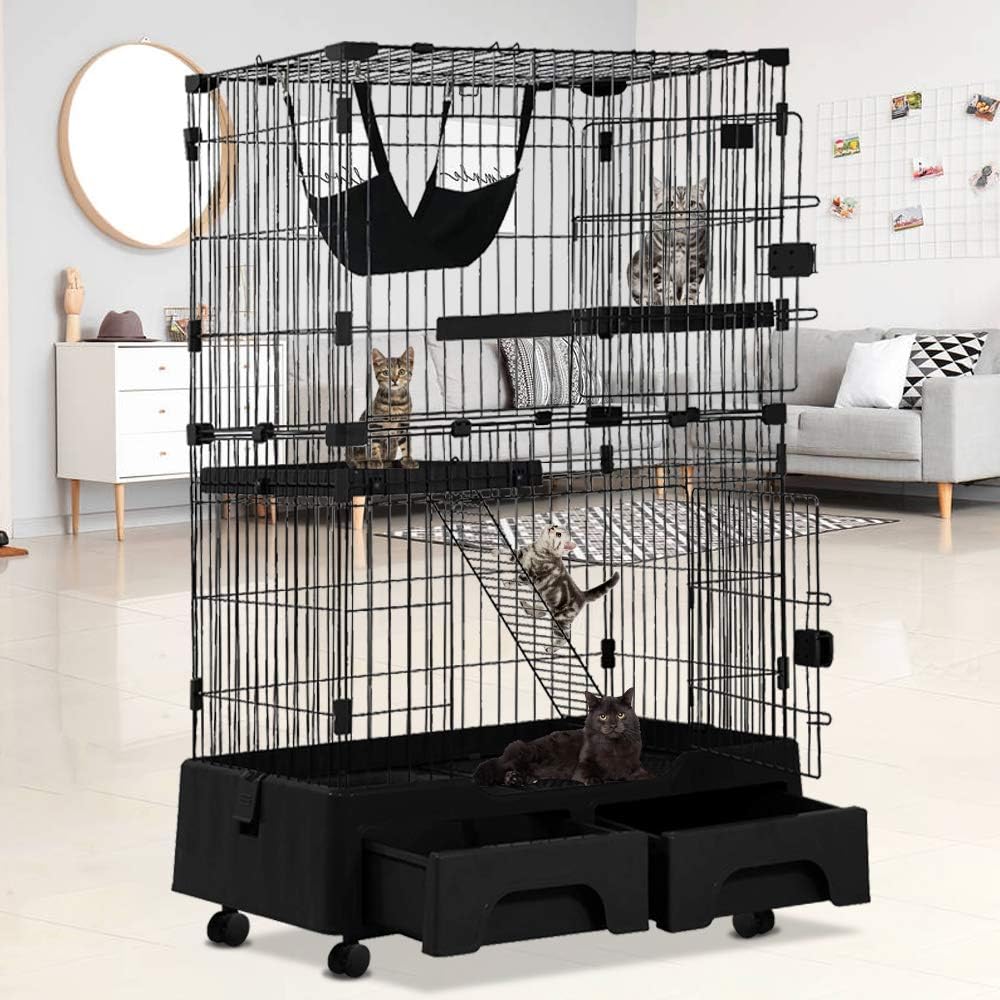 Pet Metal Wire Wheels With Furniture House Kitten High 52 3 Large Playpen Pet Kennels Crate Cat Cage Cat 3 Tier Enclosure Condo Cat Tray Hammock Bed Platforms 2 Ladders 2 Doors Front W 2