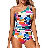 Holipick One Shoulder One Piece Swimsuit for Women Tummy Control Bathing Suits Modest Full Coverage Keyhole Swimwear