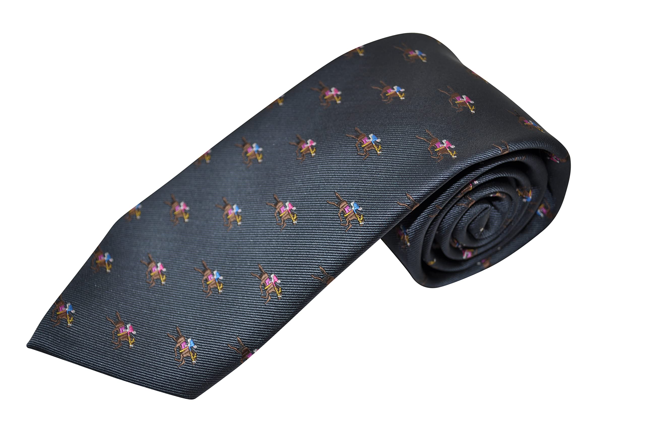 A luxury charcoal grey colour tie with horse racing jockeys wearing blue and red colours, very smart to wear on business, at the races or any time (1015)