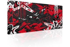 Black Red Gaming Mouse Pad XL Abstract Graffiti Geometric Cool Extended Big Large Desk Mat Non-Slip Rubber Base Stitched Edge