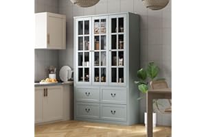 MOUMON Large Pantry Cabinet Kitchen Storage Cabinet with 4 Drawers & Glass Doors, Kitchen Pantry with Adjustable Shelves, Pantry and Kitchen Storage Grey-Greenish (47.2”W x 15.7”D x 78.7”H)