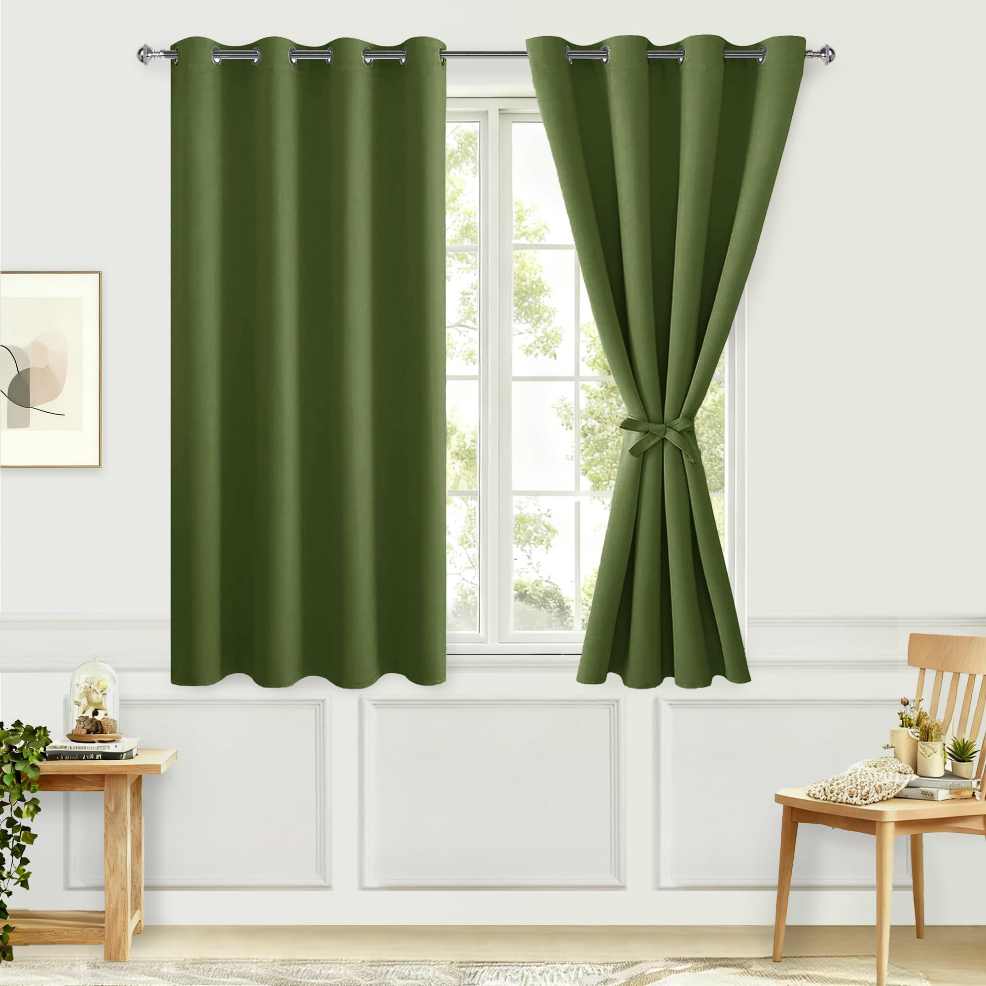 Hiasan Blackout Curtains for Bedroom, 52 x 54 Inches Long - Thermal Insulated & Energy Saving Window Curtains for Living Room, 2 Drape Panels Sewn with Tiebacks, Olive Green Image