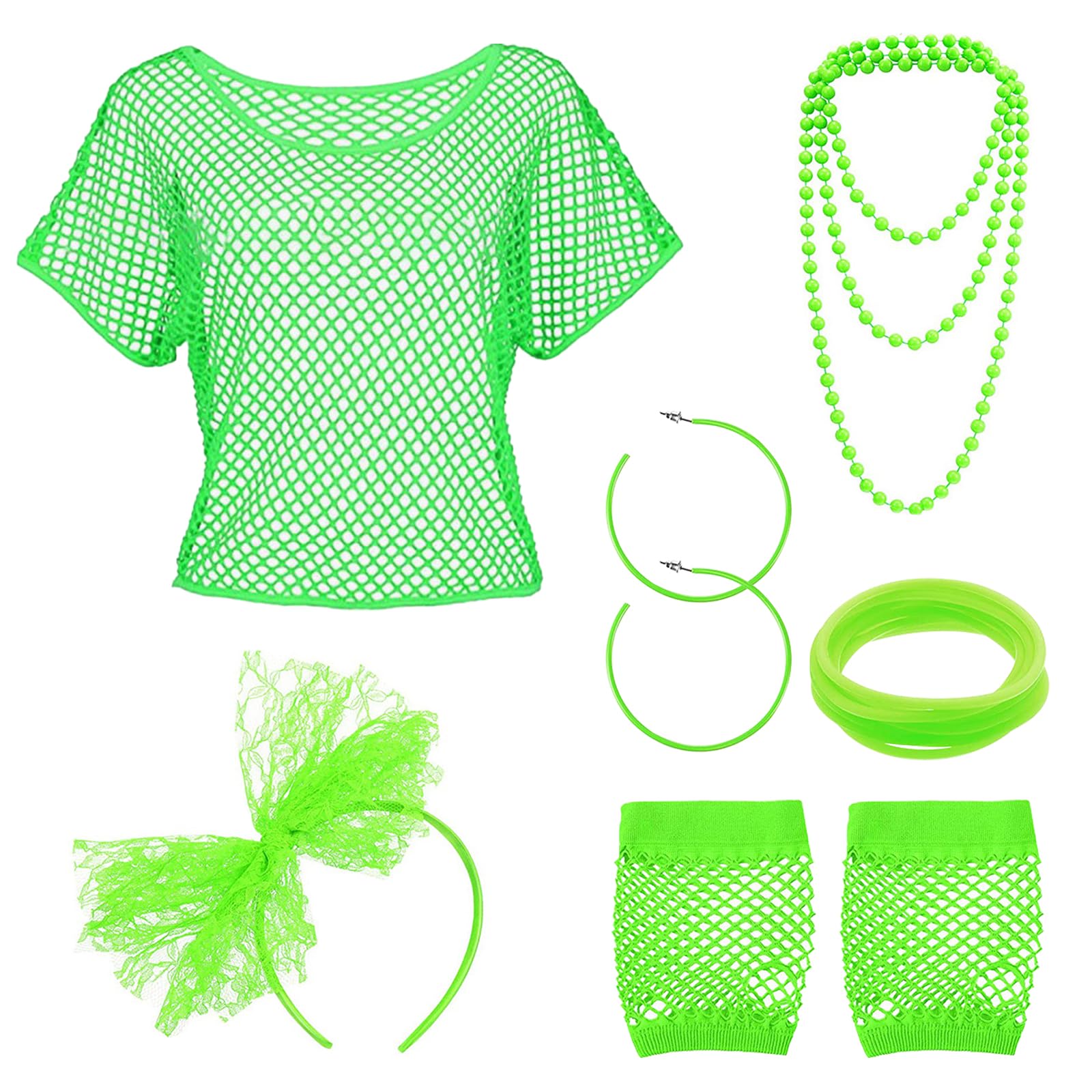 TYXHXTF 6 Pcs 80s Fancy Dress Costume Accessories for Women, 1980s Retro Theme Party Cosplay Set with Fishnet Glove Lace Headband Necklace Earrings Fishnet Top