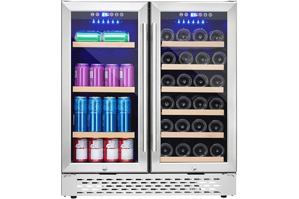 Vossfamul Wine and Beverage Refrigerator Cooler, Dual Zone Wine Fridge, Lockable Digital Temp Control Wine Cabinet, Built-In or Freestanding Wine Cellar, 28 Bottles 80 Cans