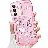 CASBST for Galaxy A15 5G Phone Case for Women Girls, Cute Curly Wave Frame with Bling Glitter Butterfly Pattern, Full Camera Protection, Slim TPU Aesthetic Clear Phone Case for Samsung A15, Pink