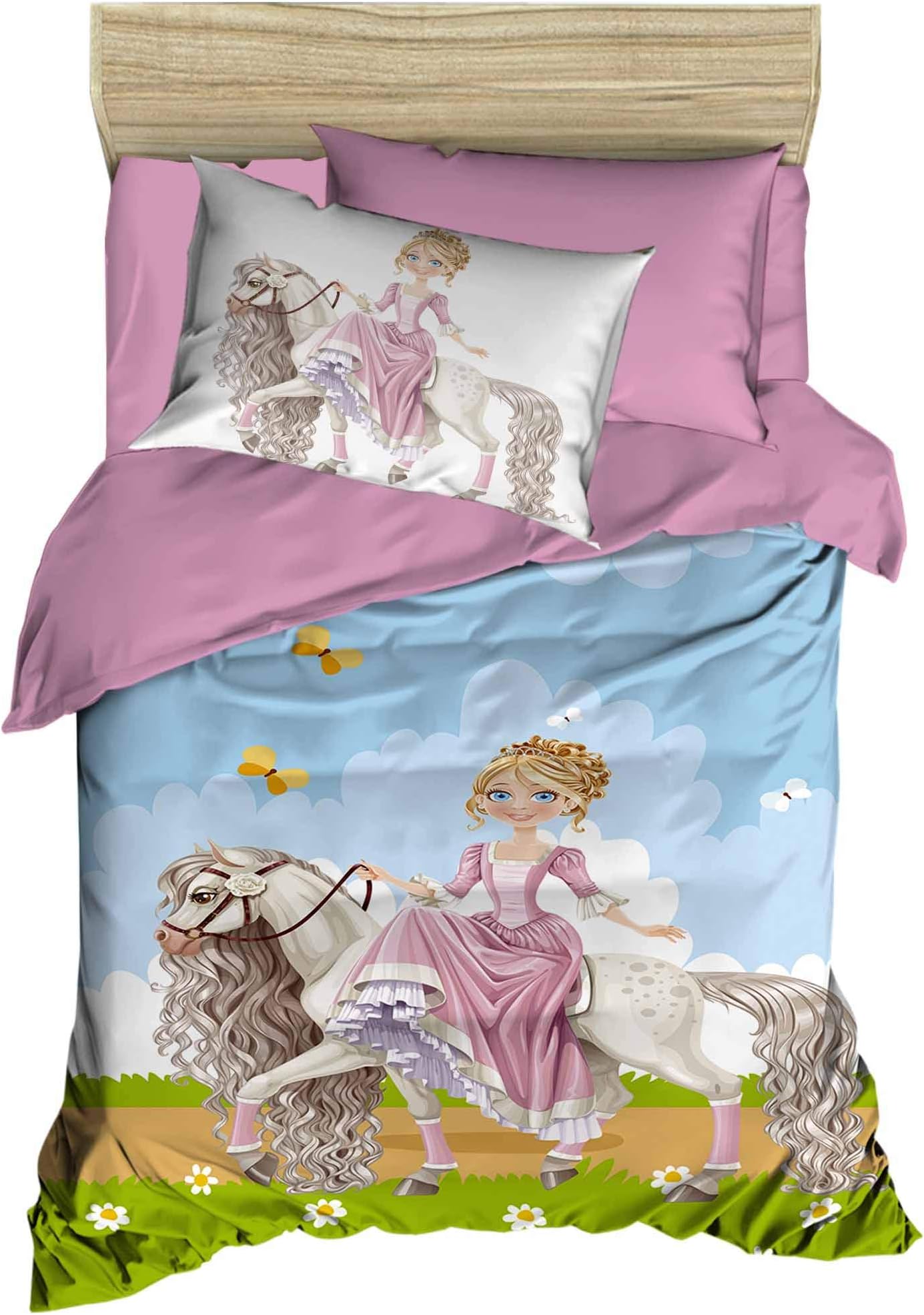OZINCI DecoMood Unique Design 3D Princess Bedding Set, Princess and Horse Themed Quilt/Duvet Cover Set, Kids Girls Bed Set, Single/Twin Size, Multi Color (4 Pcs)