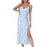 cheibear Womens Sleeveless Nightgowns Long Chemise Floral Split Midi Bow Spaghetti Strap Cami Soft Full Slip Sleepwear