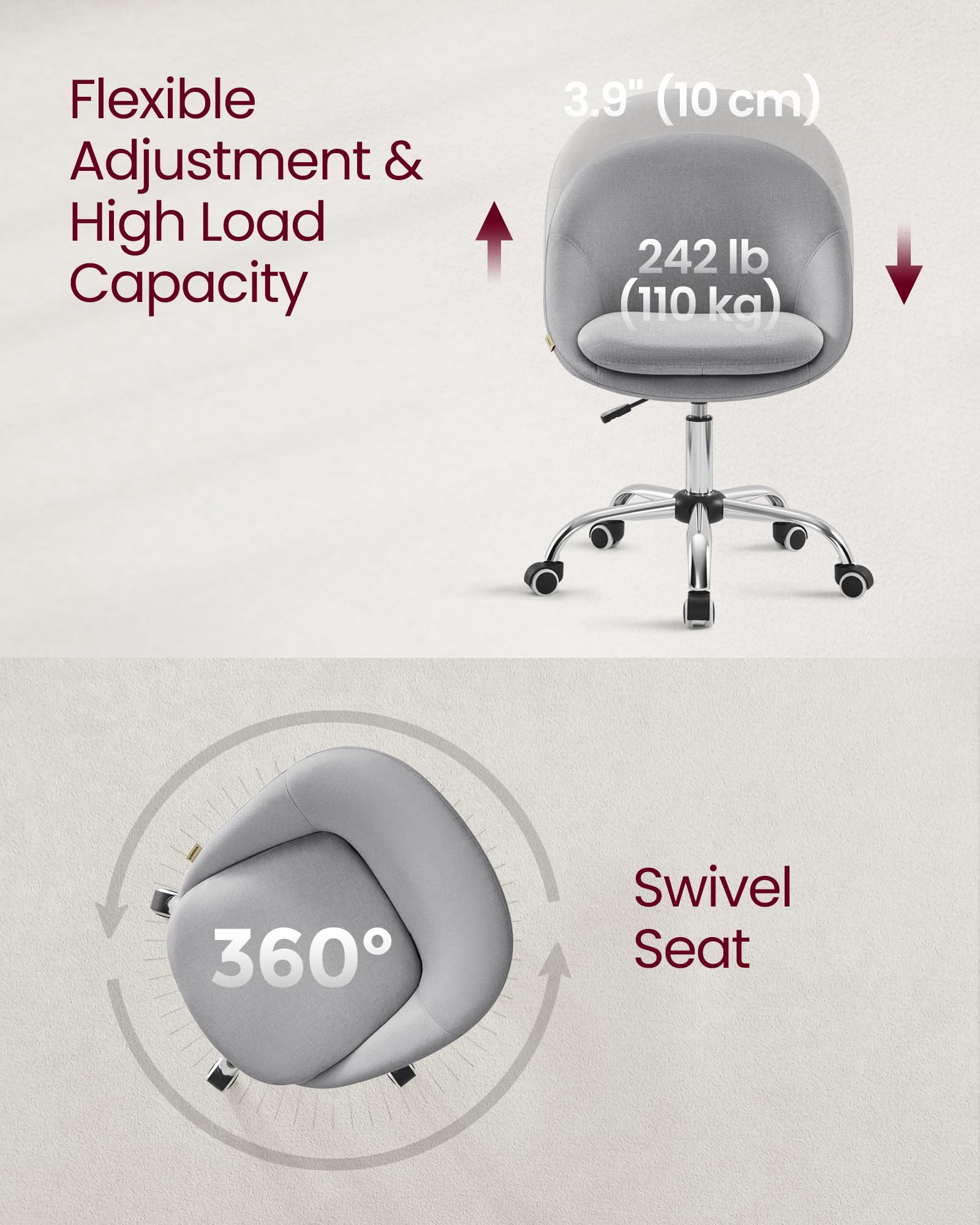 VASAGLE Office Chair, Vanity Chair, Desk Chair, Cotton-Linen Fabric, Foam Padding, Adjustable Height, for Home Office, Study, Bedroom, Dove Gray UOBG020G91