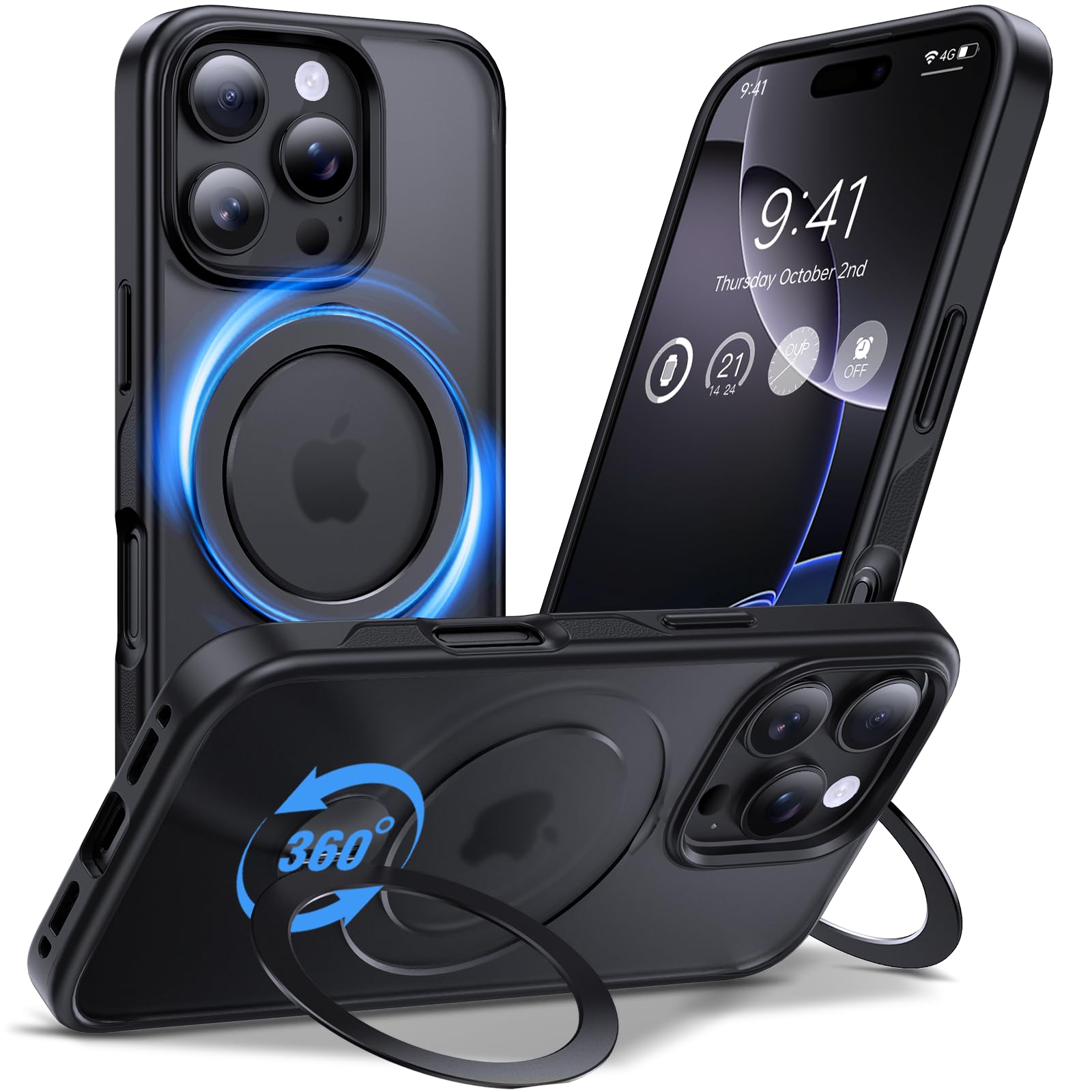 Anqrp 360° ALL-in-ONE Stand Case for iPhone 16 Pro Case with Rotatable Magnetic KickStand Ring Holder, Compatible with MagSafe, Shockproof Translucent Phone Cover for iPhone 16 Pro 6.3 inch, Black