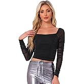 Allegra K Ruched Tops for Women's Cropped Glitter Long Sleeve Mesh Blouse