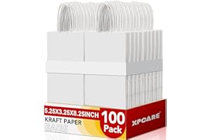 XPCARE 100Pcs Paper Gift Bags 5.25x3.25x8.25'', Small Paper Bags with Handles Bulk, Kraft Paper Bags for Birthday Party Favors Shopping Retail White