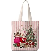 MOLYUB Vintage Christmas Trees Tote Bag for Women,Pink Floral Santa Baubles Canvas Tote Bag,Xmas Pink Striped Winter Holiday Reusable Shopping Grocery Bags Party Favors