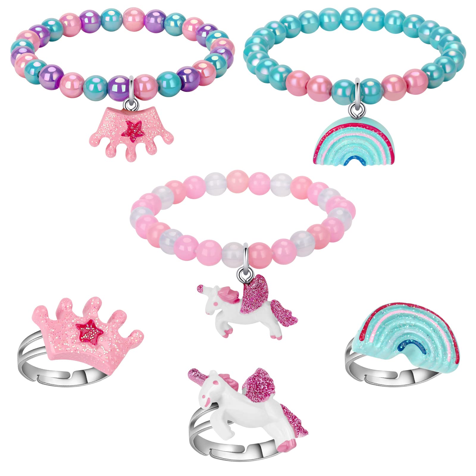 Maeoetty Girls Colourful Unicorn Bracelets,Children's Rainbow Unicorn Rings, Girls Jewellery Set, Christmas Stocking Filler Set - B