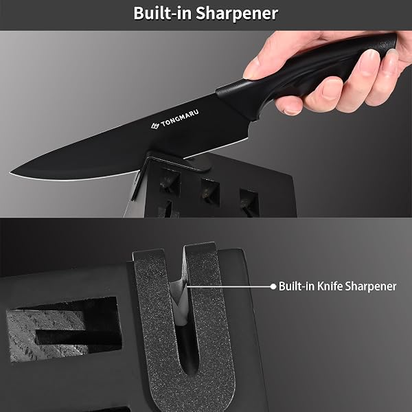 KNIFE SET WITH SHARPENER – 15 PCS HIGH CARBON STAINLESS STEEL KNIVES BLOCK SET, STAINLESS STEEL KNIFE SET, BUILT-IN SHARPENER KITCHEN KNIFE SET, WITH ANTI SLIP AND ERGONOMIC HANDLES (BLACK)