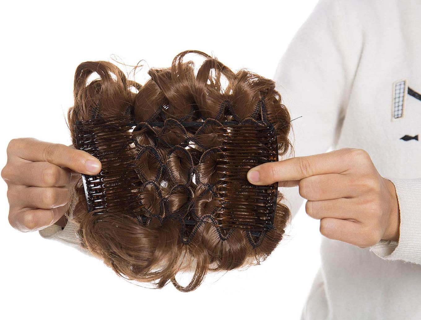 Short Combs Messy Curly Wavy Hair Extensions Bun Piece Up Do Drawstring Ponytail Clip in Comb Hair Extensions Chignon Light Brown - Image 4