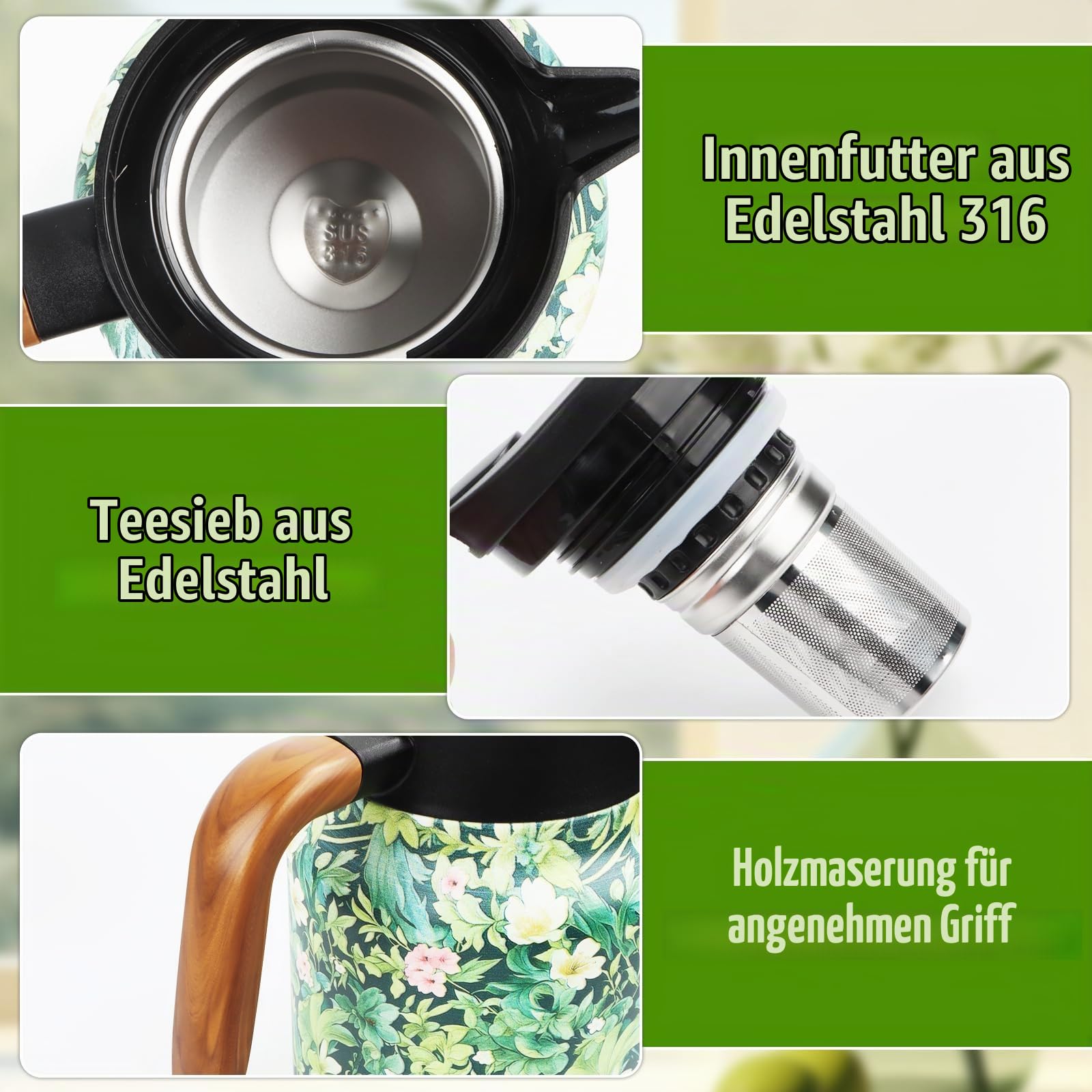 Wasserkessel Thermoskanne Mit Vintage Blumenmuster, 1000 Ml Isolierter Teekessel, Edelstahl Teekessel, Kessel aus Edelstahl, Emaillekessel, Isolierte Vintage Teekanne, Blumen Teekanne 4
