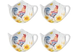 Supreme Housewares Sunshine Rooster Tea Bag Holders, Teapot Shaped Tea Bag Coasters Spoon Rests Saucer Seasoning Dish Set, Multicolor, 4 x 3 Inch, Set of 4