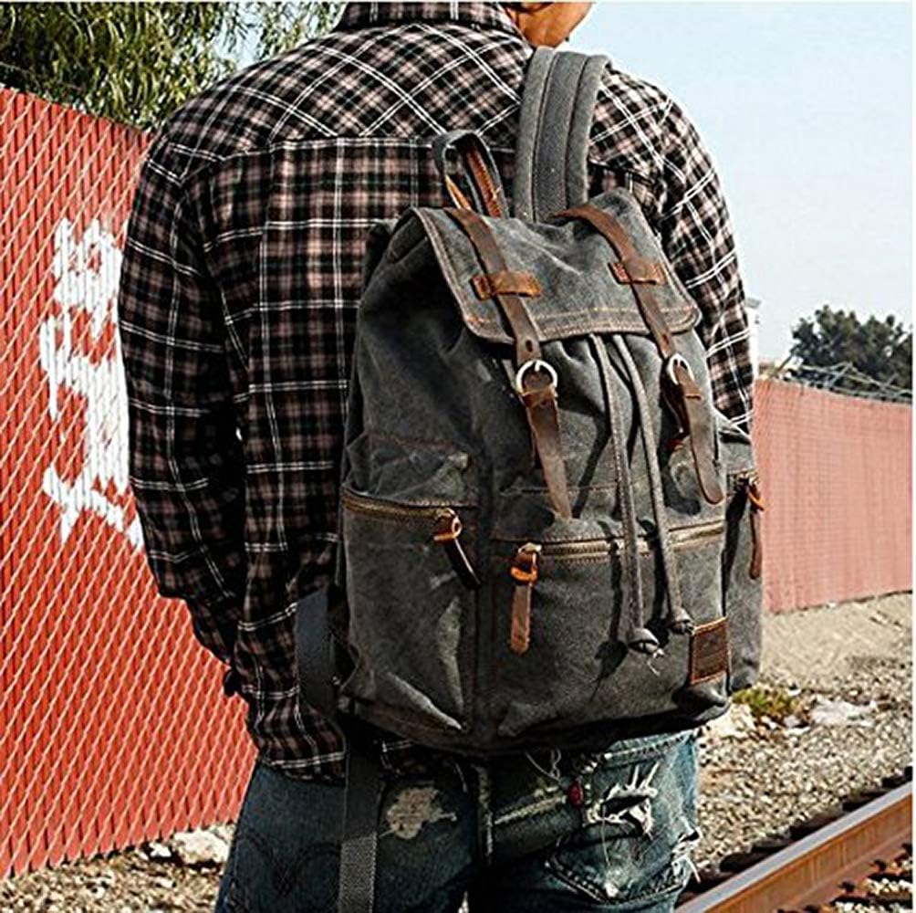 Vintage Unisex Casual Leather Backpack Canvas Rucksack Bookbag Satchel Hiking Backpack Travel Outdoor Shouder Bag (Grey) 27.9 x 16 x 41.9 cm - Image 3