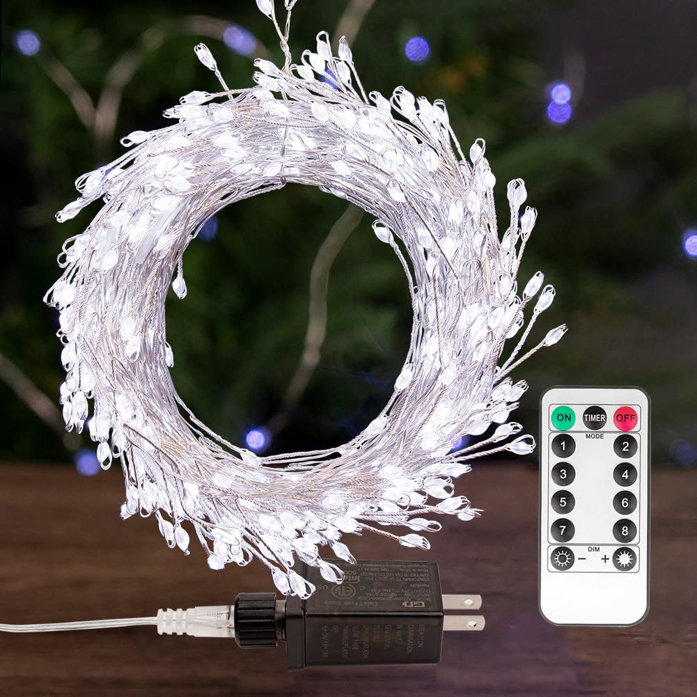 Photo 1 of (used/fair) PCORES Fairy Lights Plug in, 100 Feet 1000LED Cool White Silver Wire Firecracker Firefly Lights with Remote, Waterproof Copper Wire Lights for Bedroom Wreath Window Wedding Christmas Tree Decoration