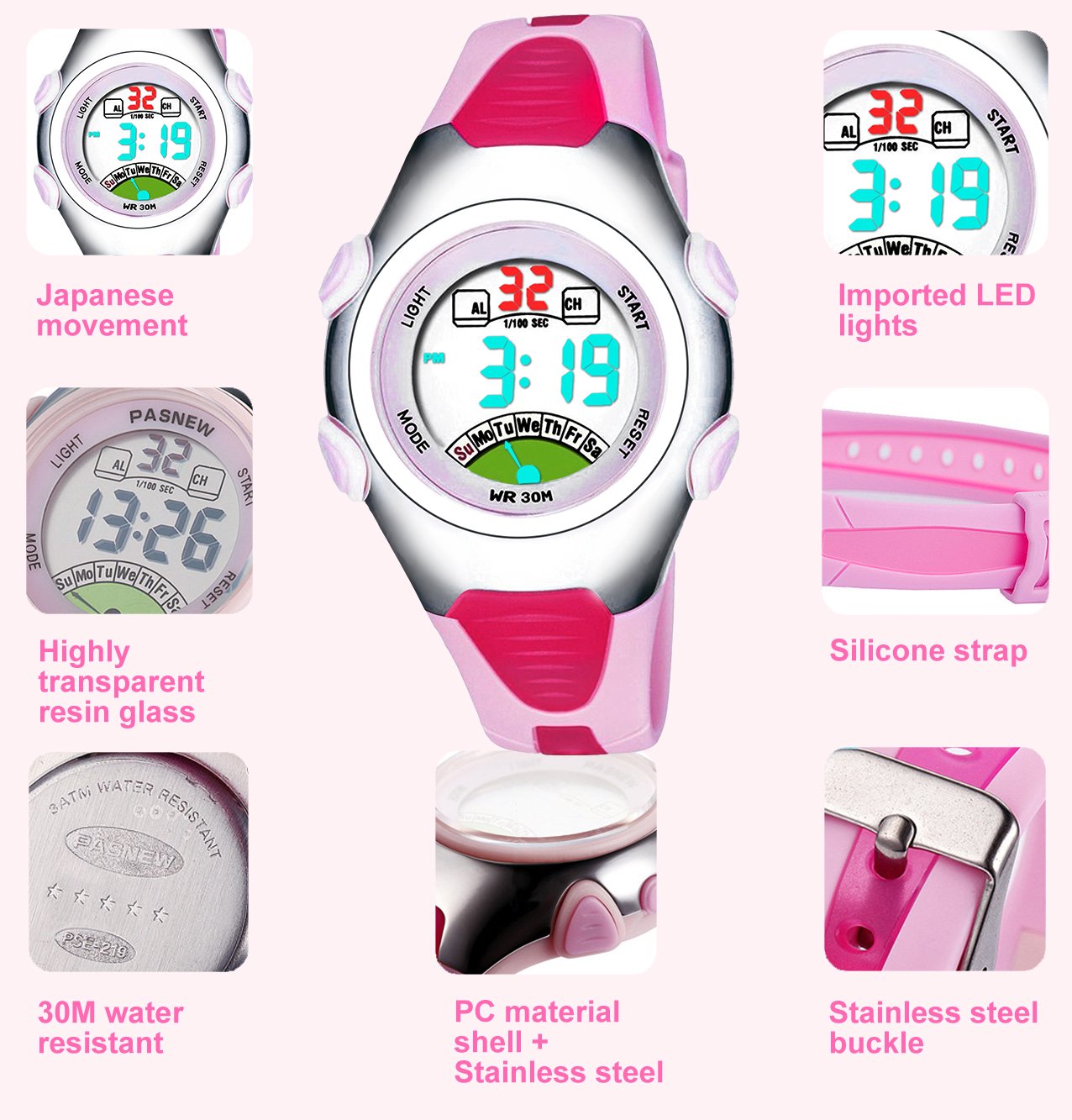 Montres de Digital de filles, montre imperméable de sports d\'enfants de 3 ATM avec l\'alarme, Montres bracelet électroniques de poignet de sport d\'enfants pour les petites filles enfants RSVOM