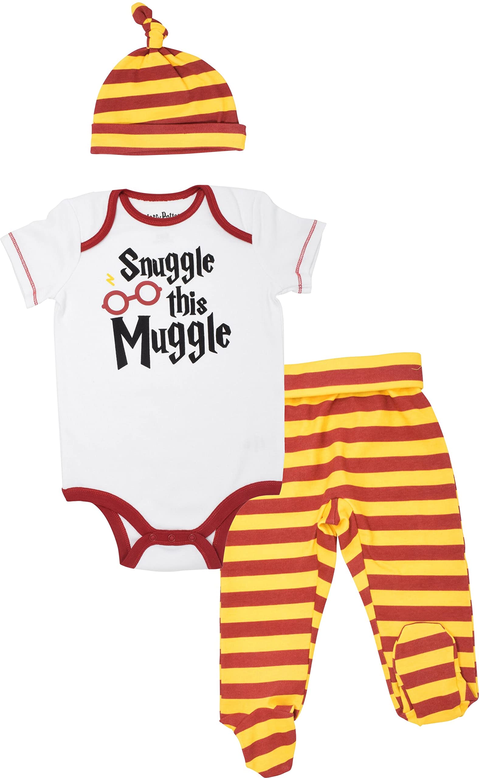 Harry Potter Baby Boys' Layette Clothing Set Bodysuit Pants with Footies & Hat - White - Newborn