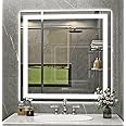 Klajowp 36''x36'' LED Bathroom Mirror with Front + Backlit, Tempered Glass Bathroom Mirror with Lights, Anti-Fog, 3 Colors with Stepless Dimmable Memory Bathroom Vanity Mirror for Wall, Shatterproof