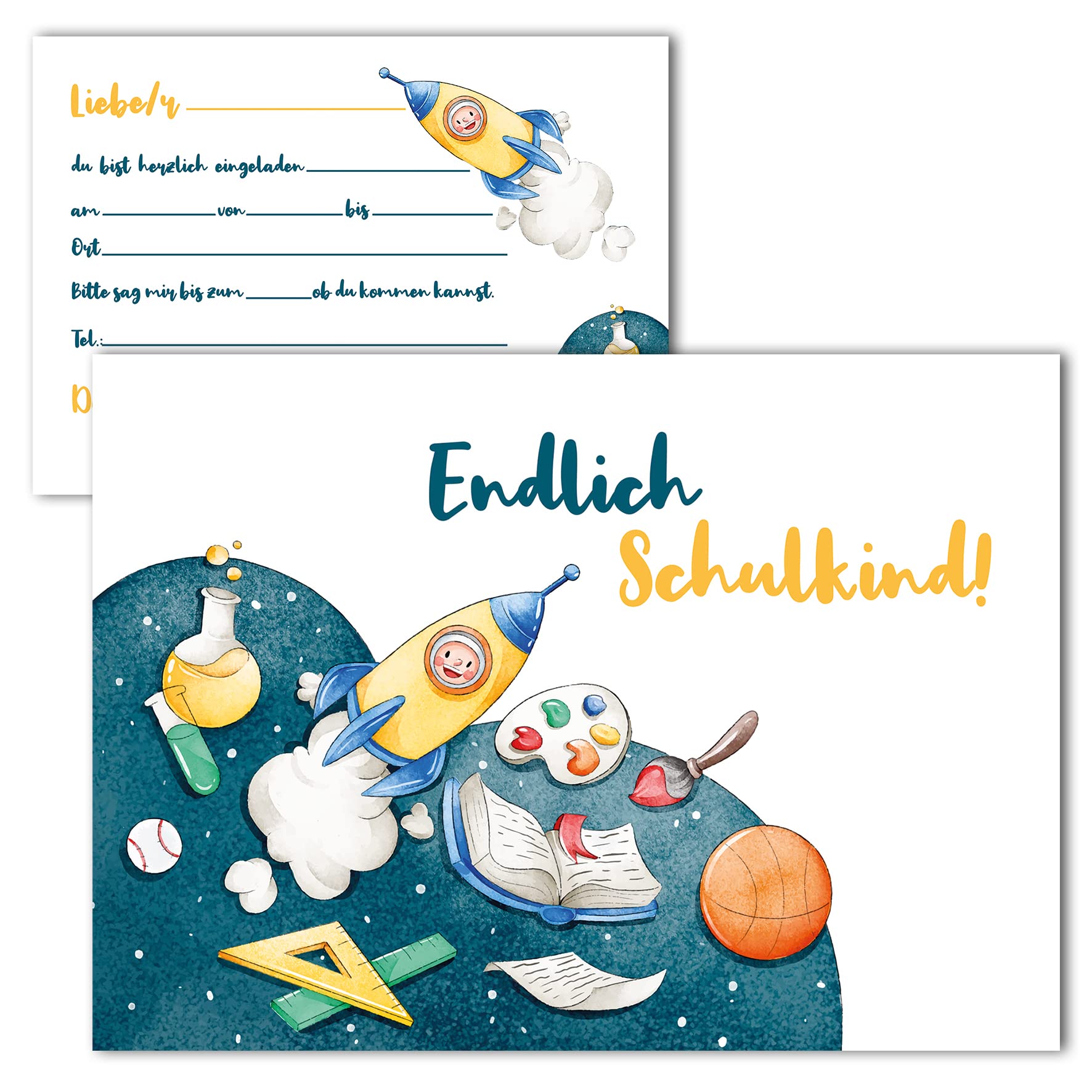 Klasse 10 x First Day of School Invitation Cards Invitation Children Girls and Boys 10 x 15 cm Party Children Start School First Grader School Child First Day of School Rocket