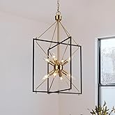 KSANA Black Gold Chandelier, Modern 8-Light Sputnik Pendant Light Fixture with Open Geometric Frame and Electroplated Brass A
