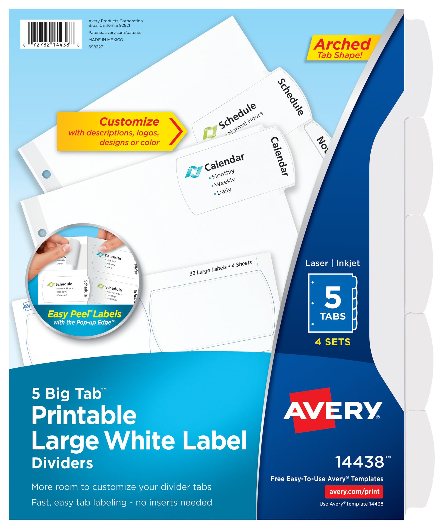 Avery Big Tab Printable Large White Label Dividers with Easy Peel, 5 Tabs, 4 Sets (14438)