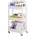 UDEAR 3-Tier Rolling Utility Cart with 12 Category Labels,Multifunctional Storage Shelves with Handle and Lockable Wheels for Room,Office,Kitchen,Bathroom,White