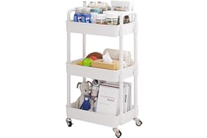 UDEAR 3-Tier Rolling Utility Cart with 12 Category Labels,Multifunctional Storage Shelves with Handle and Lockable Wheels for Room,Office,Kitchen,Bathroom,White