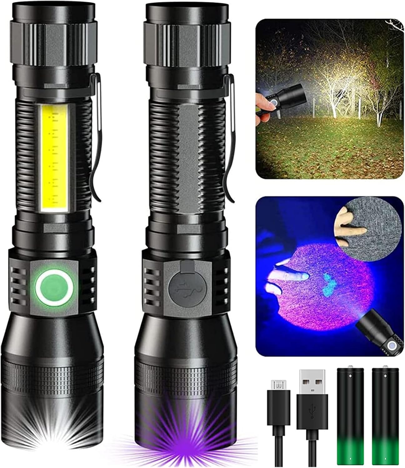 Bright Flashlight (Battery Included), UV Flashlights LED Rechargeable, Magnetic Flashlight, High Lumen, 7 Modes, Waterproof Mini Black Light Flashlight for Camping Pet Urine Detection Emergency 2pack - - 