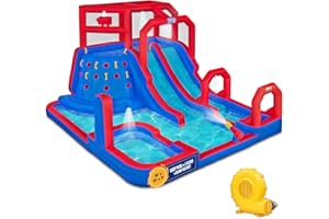 Sunny & Fun Mega Climb N’ Go Inflatable Water Slide Park – Heavy-Duty for Outdoor Fun - Climbing Wall, 2 Slides, Splash & Deep Pool – Easy to Set Up & Inflate with Included Air Pump & Carrying Case